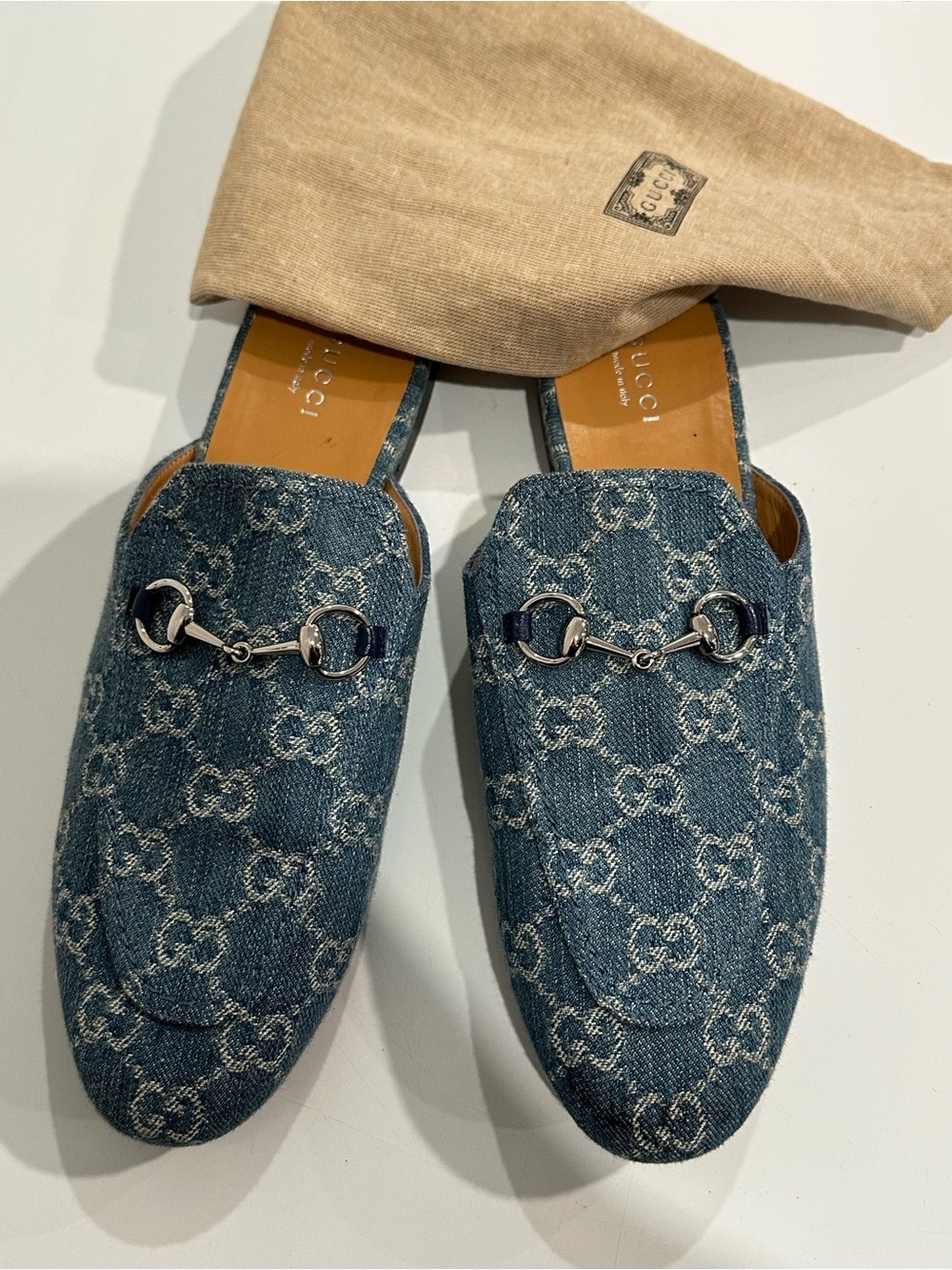 Gucci Denim GG PrinceTown Slip-On Mules Loafers in Blue women’s size 39.5 US 9.5